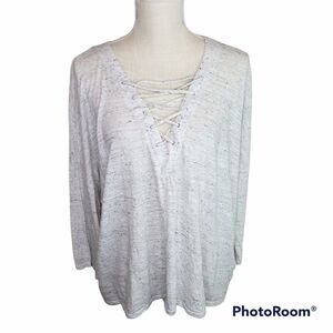 Three Dots Nepps Criss Cross Tie Front Gray Marled Tee XL
